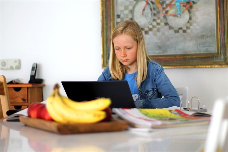 Girl learning online on a laptop at home