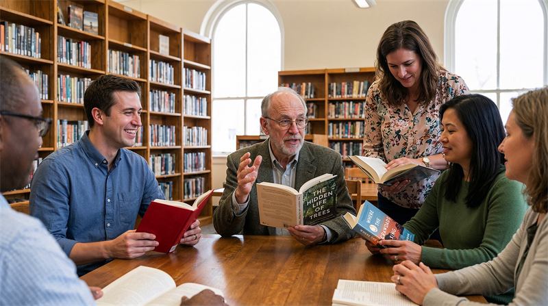 Researchers discussing books around a library table