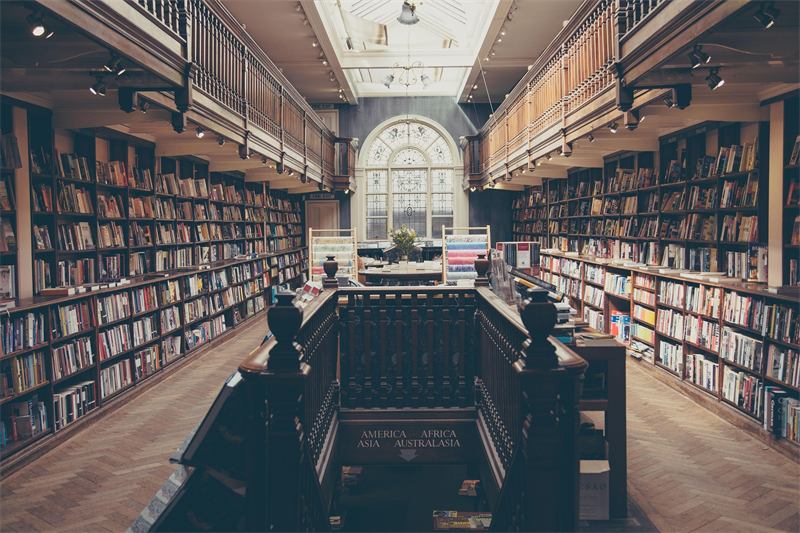 Grand library with tall bookshelves