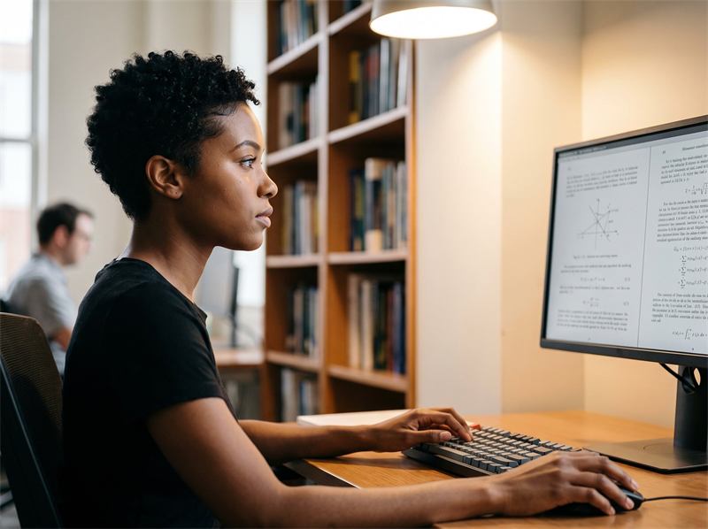 Student researching at a computer in a library