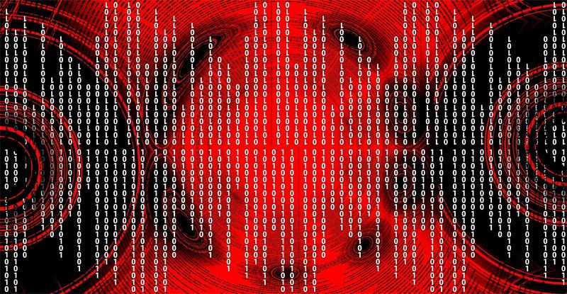 Red binary code on a dark background