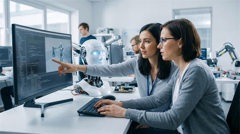 Two developers working at a computer in a technology lab