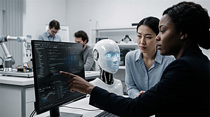 Engineers reviewing code together on a large monitor